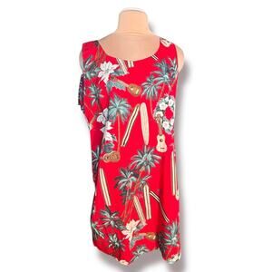 Vintage 90s Red Hawaiian Surf Ukulele Palm Tree Tropical Shift Dress Beach Vacay